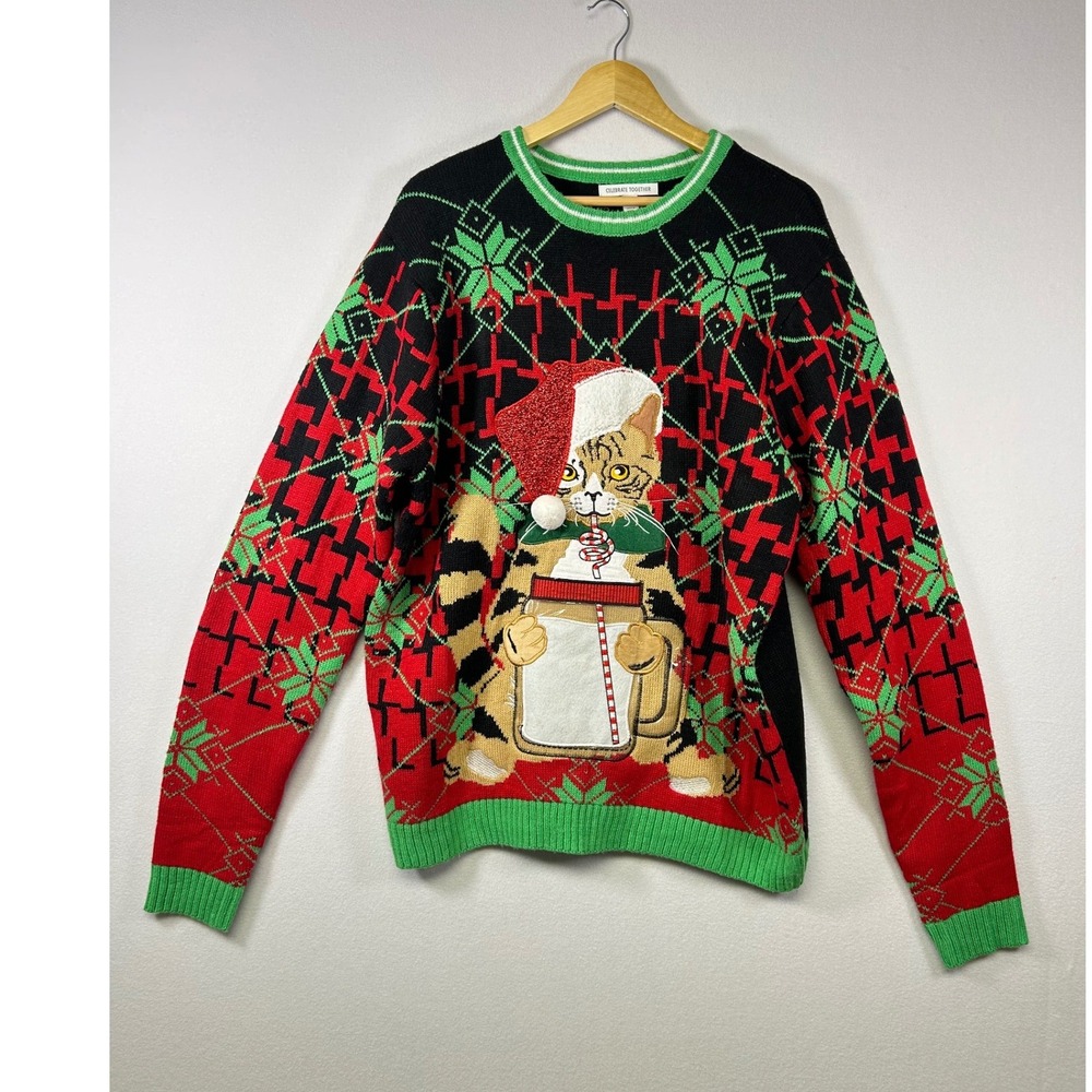 Celebrate Together Ugly Christmas Sweater Womens XL Black Red Cat Santa Hat XL